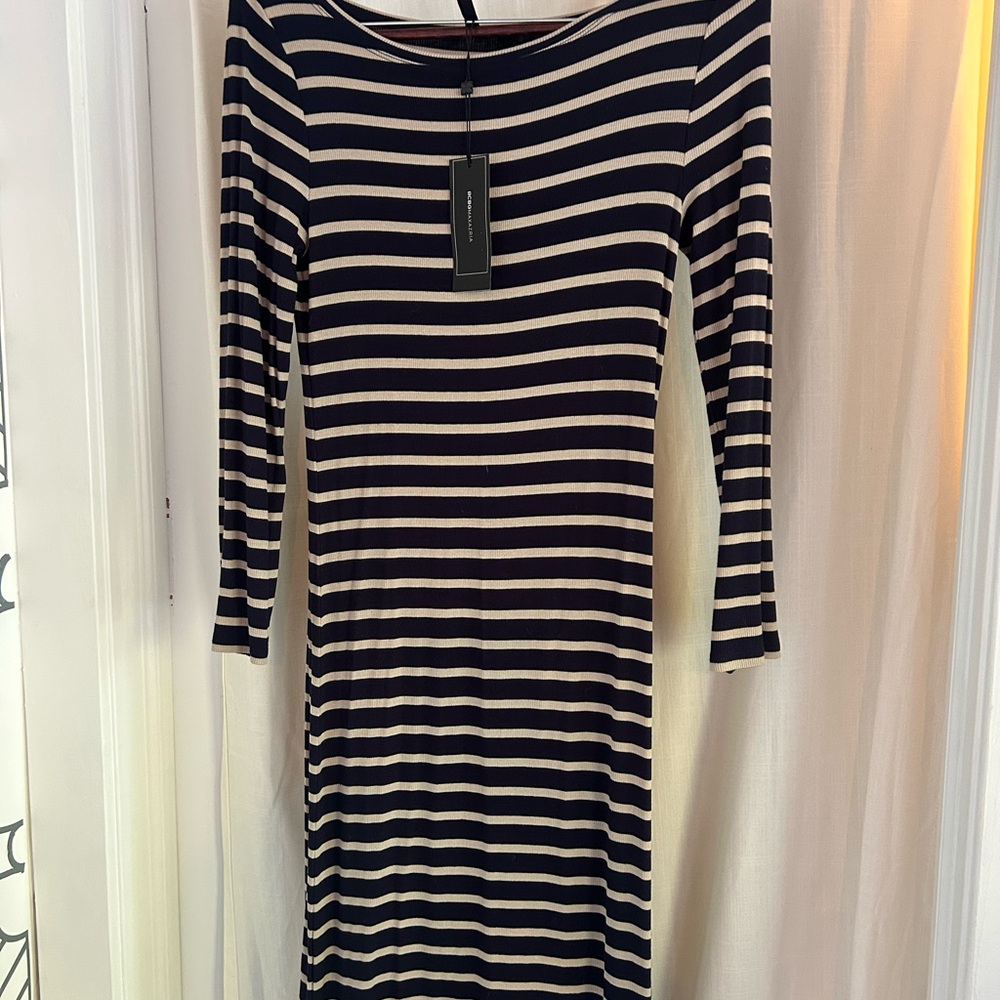 BCBGMaxAzria Black and Cream Striped Long Sleeve Dress
